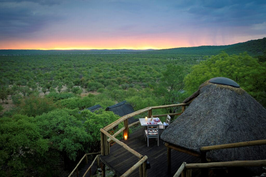 Aerial view of the Ongava Lodge deck at Ongava Lodge, Namibia.