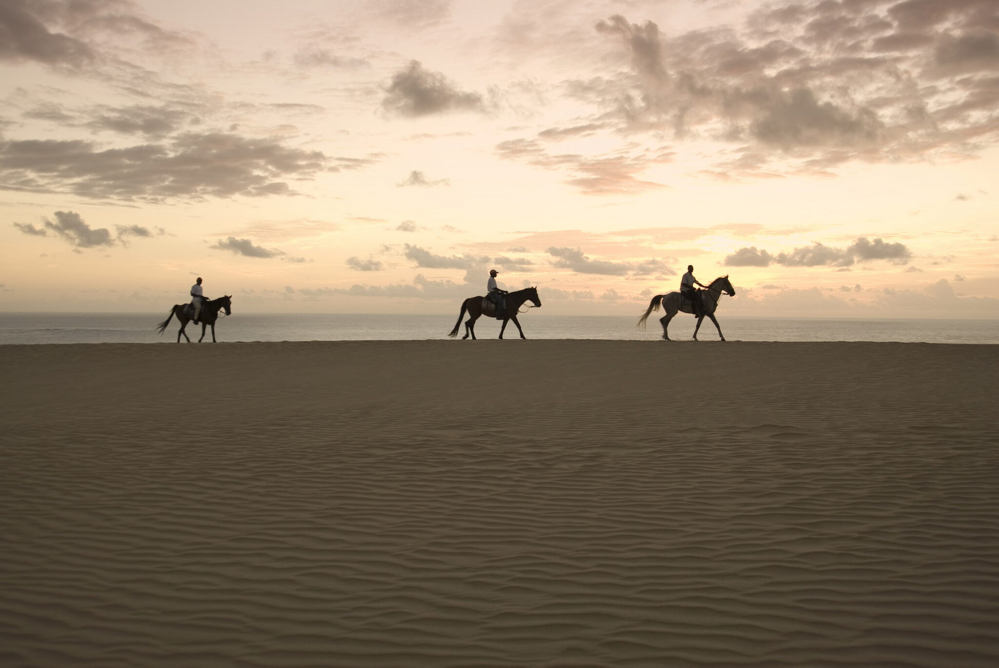 Three travellers horseback riding on the beach at sunset in Bazaruto