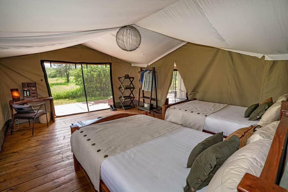 Two single beds inside the Lemala Ndutu Mobile Tented Camp