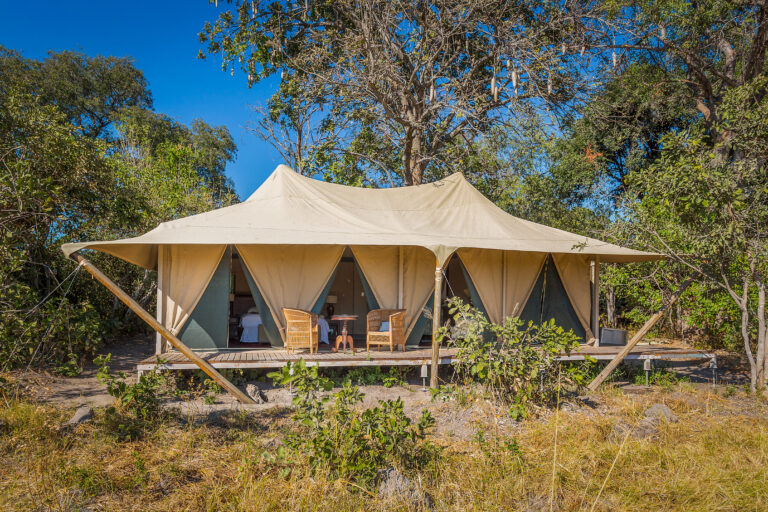 Exterior view of a tented suite at Kadizora Camp, Botswana.