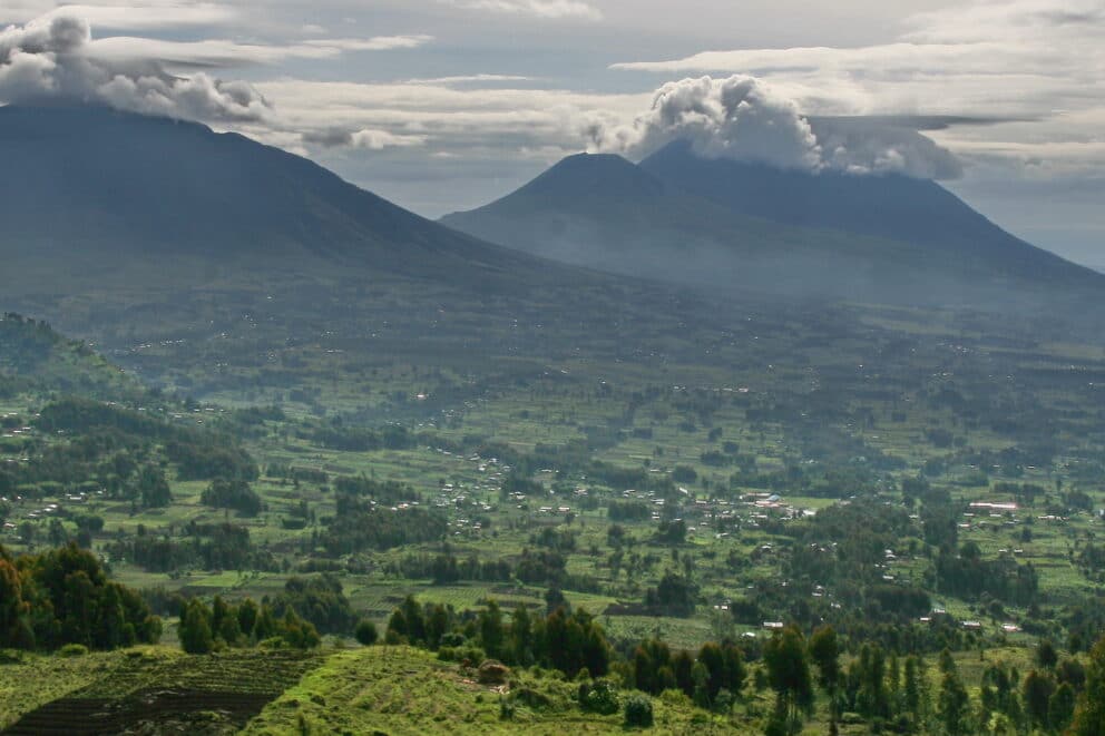 A view of Volcanoes National Park at Gorillas Nest Lodge, Rwanda.