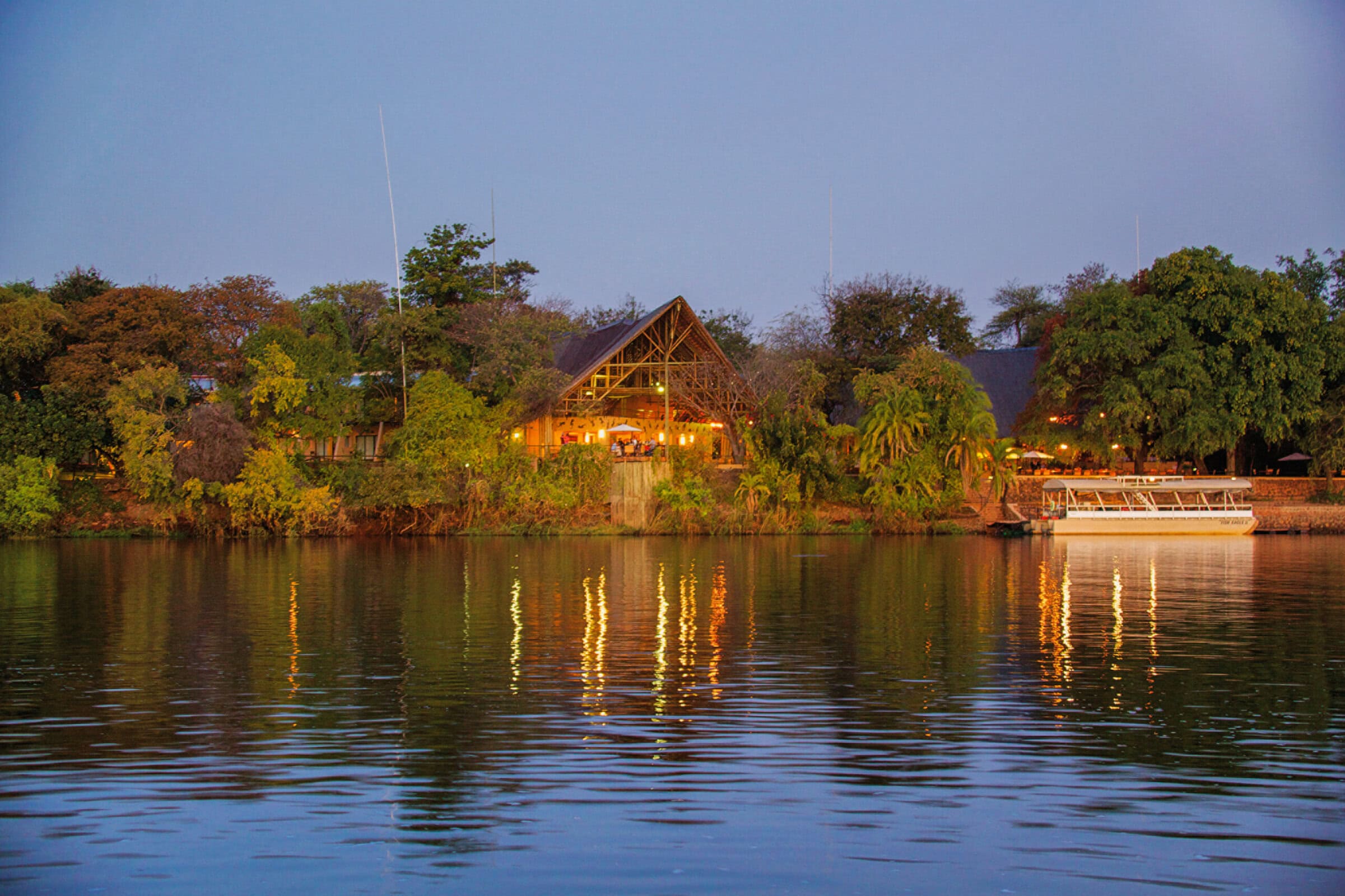 View from the river of the main area at Chobe Safari Lodge