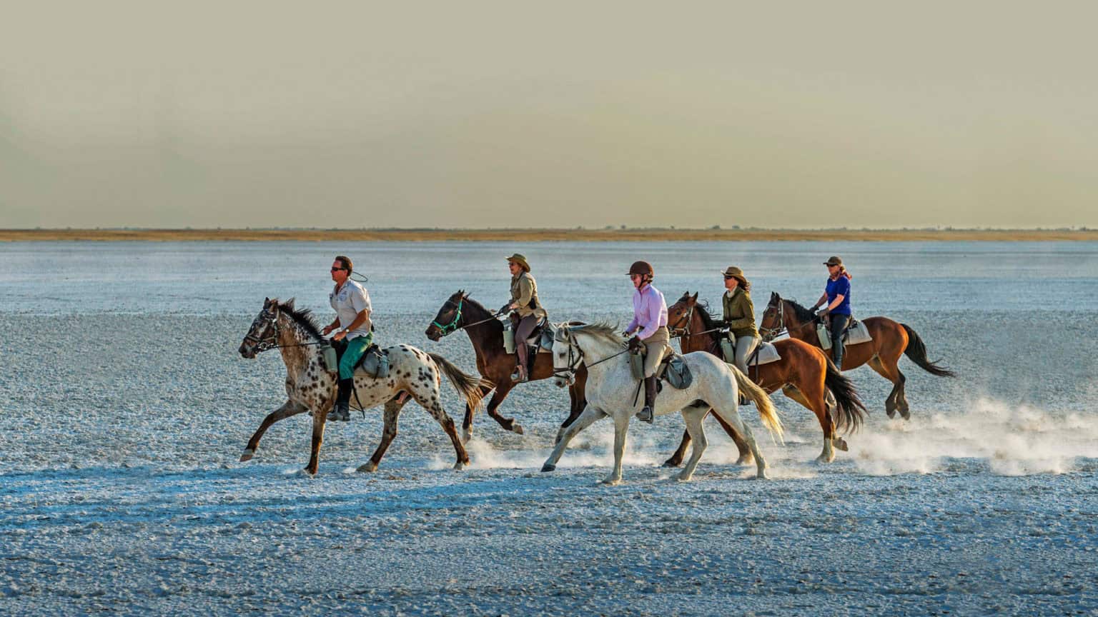 Horseback riding over Makgadikgadi pans in Botswana