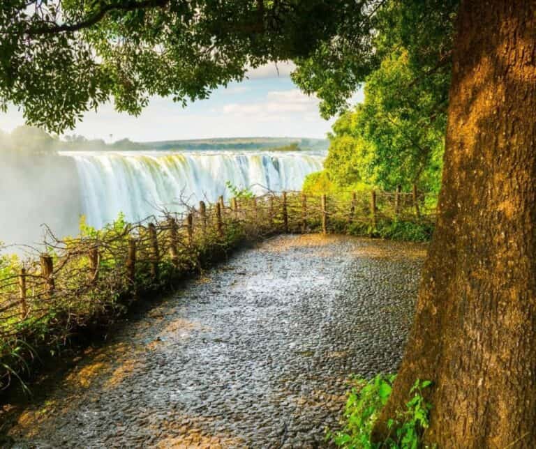 A wet walkway along Victoria Falls at The Wallow Lodge, Zimbabwe.