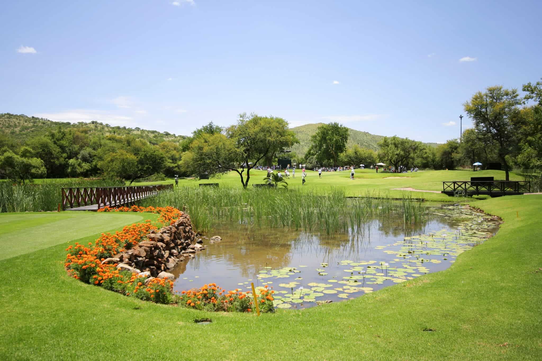 A panoramic view of this picturesque hole at The Gary Player Golf Course at Sun City, South Africa.