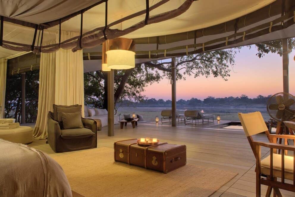View from the villa of Chinzombo, a luxury safari lodge, at sunset