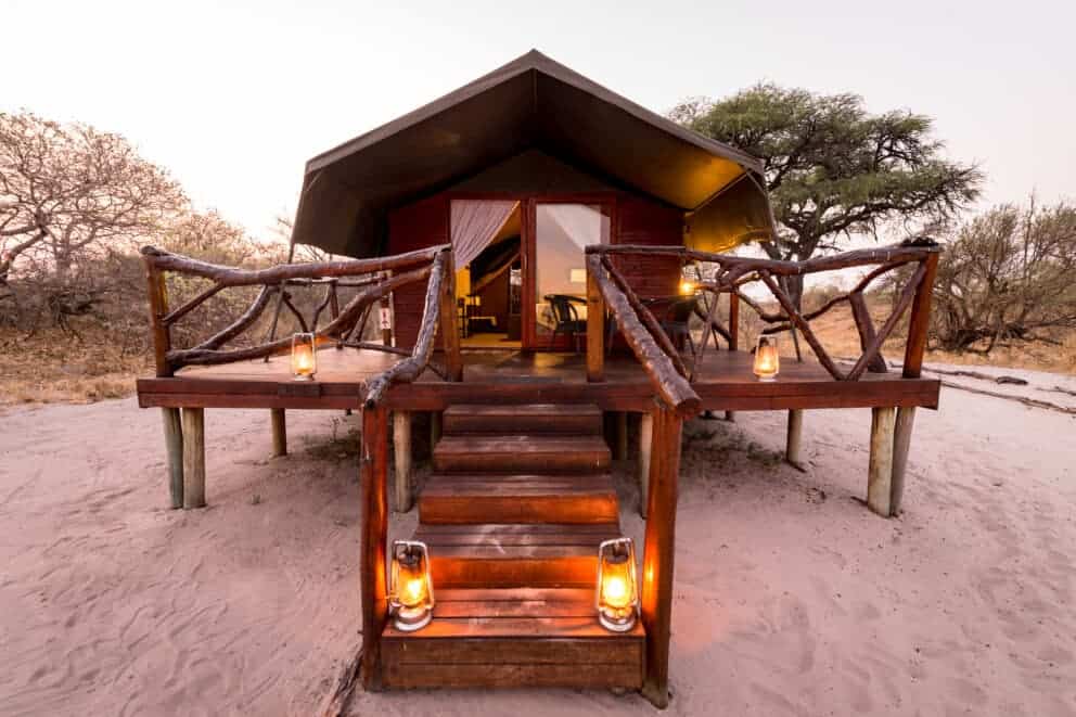 Exterior view of the elevated tented suite at Camp Savuti, Botswana.