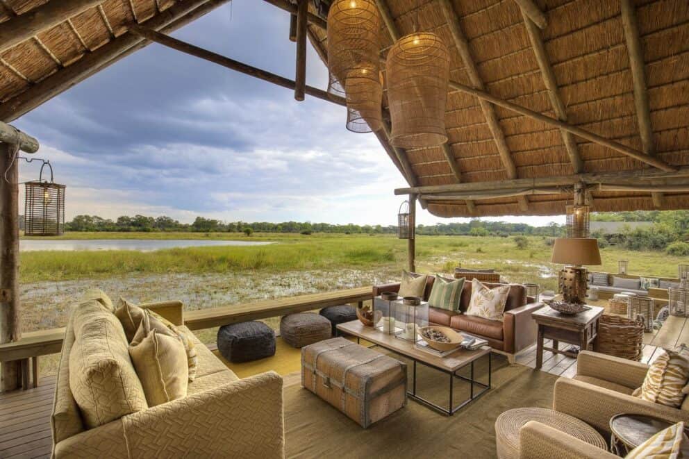 A view of the lounge area overlooking the floodplains at Sable Alley, Botswana.