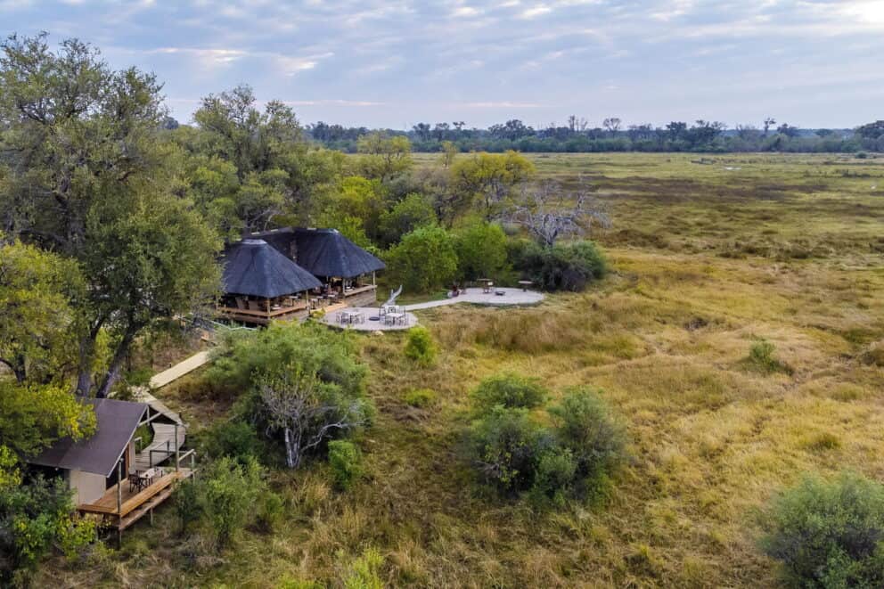 Aerial view of Little Sable Camp in Khwai Private Reserve, Okavango Delta