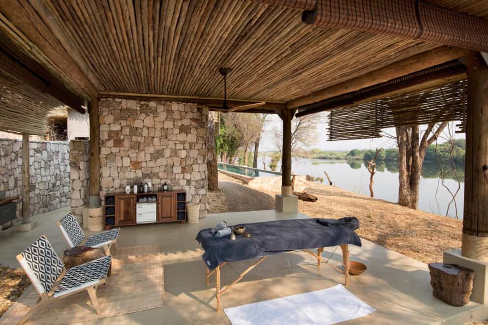 A view of the outdoor spa treatment area overlooking the Zambezi River at Matetsi, Zimbabwe.