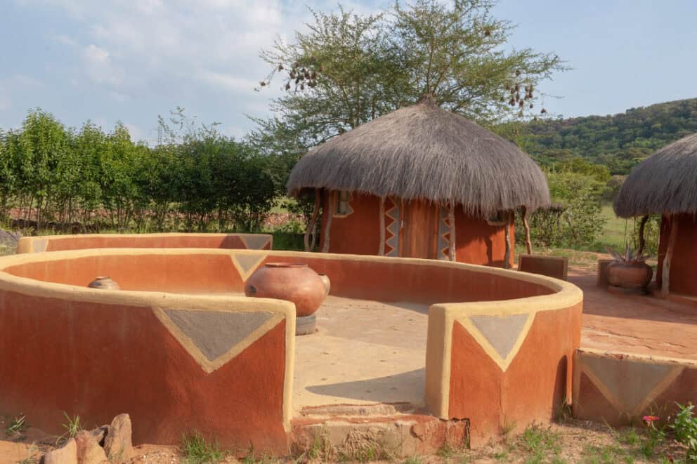 Traditional round house with a thatched roof in Botswana.