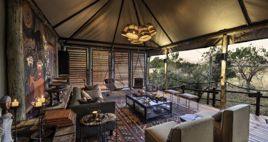 A lounge area overlooking the bush at Khwai Lediba, Botswana.