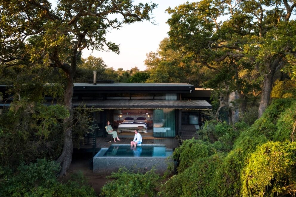 Exterior view of a luxury suite, featuring a private deck and plunge pool at Tanda Tula, South Africa.