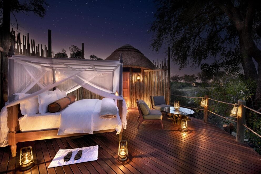 Dusk view of the starbed atAtzaro Okavango Camp, Botswana.