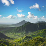 Young woman swiming in the beautiful water on Mauritius island with dolphins
