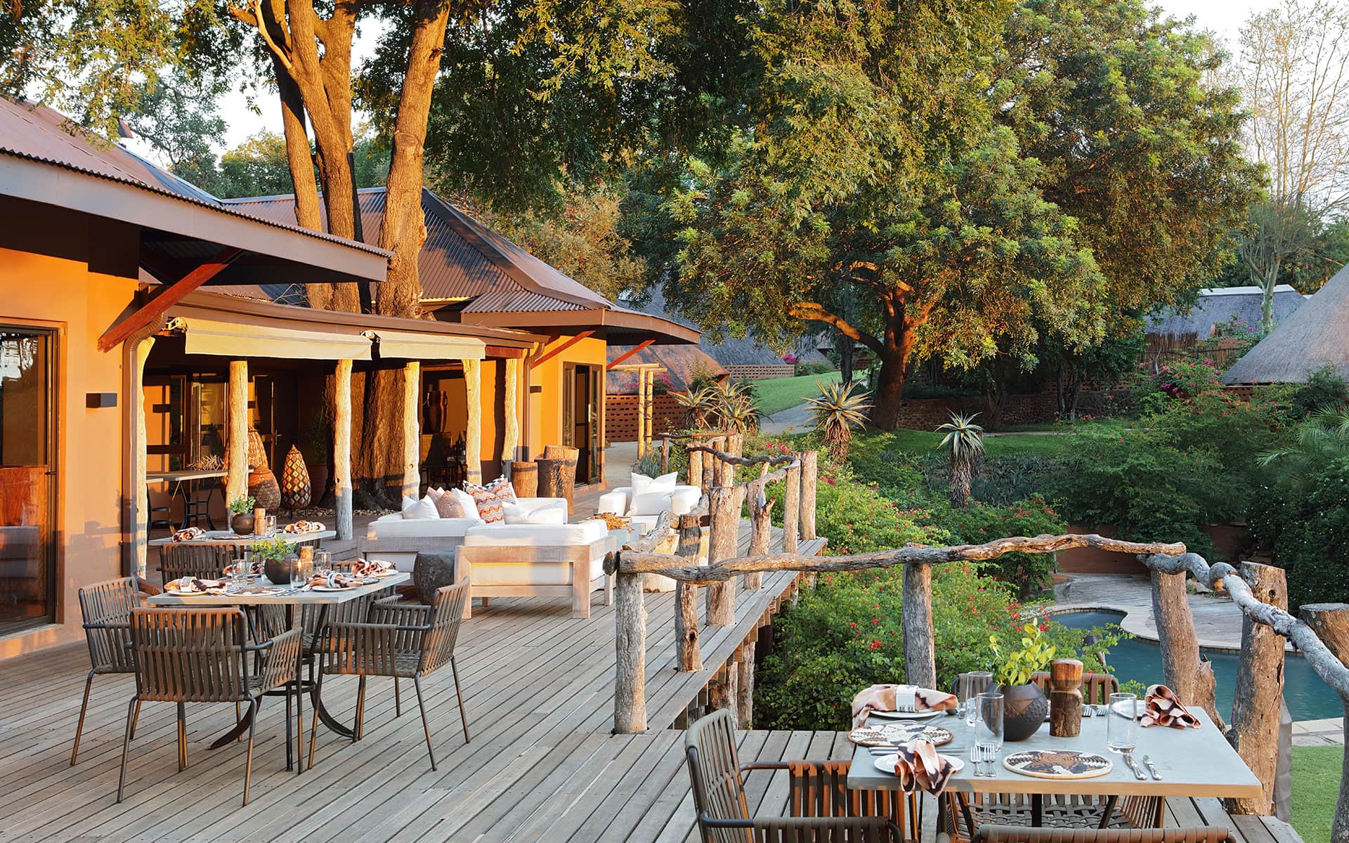 Deck overlooking the wilderness at MalaMala Sable Camp, Mala Mala Game Reserve in South Africa.