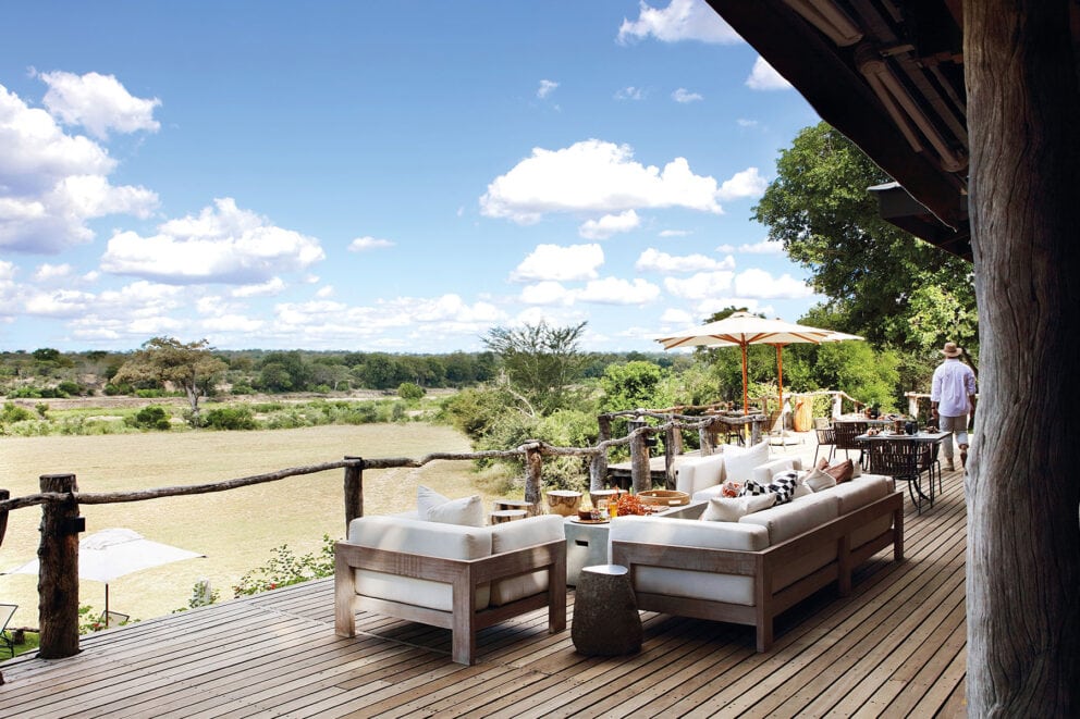 Unobstructed view of the Sand River and bushveld from the deck at Mala Mala Sable Camp, Mala Mala Game Reserve in South Africa.