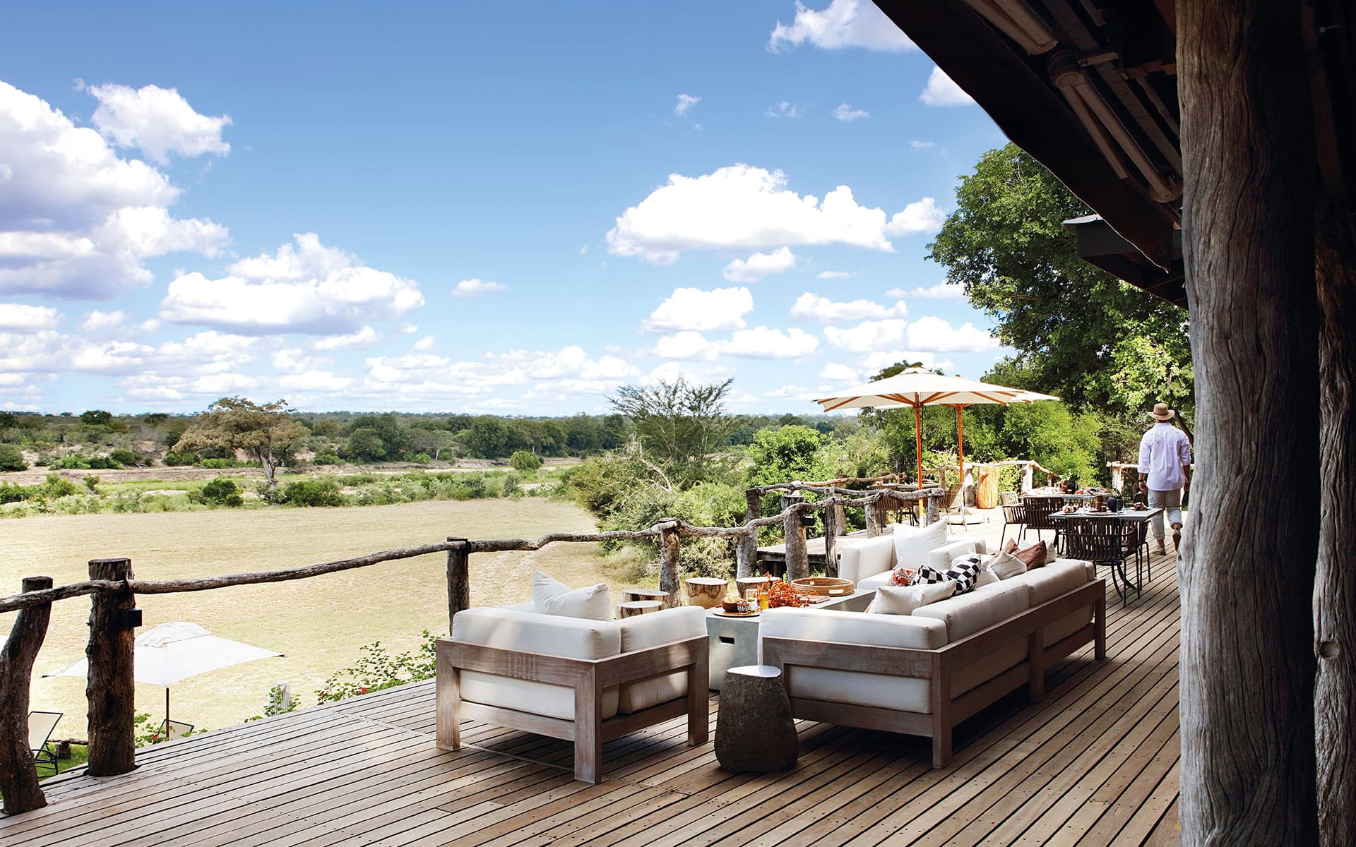 Unobstructed view of the Sand River and bushveld from the deck at Mala Mala Sable Camp, Mala Mala Game Reserve in South Africa.