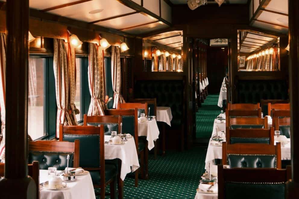 View of Rovos Rail's victorian styled dining carriage.