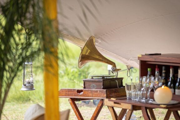 Gramaphone in tent | Photo credit: Feline Fields Vintage Camp