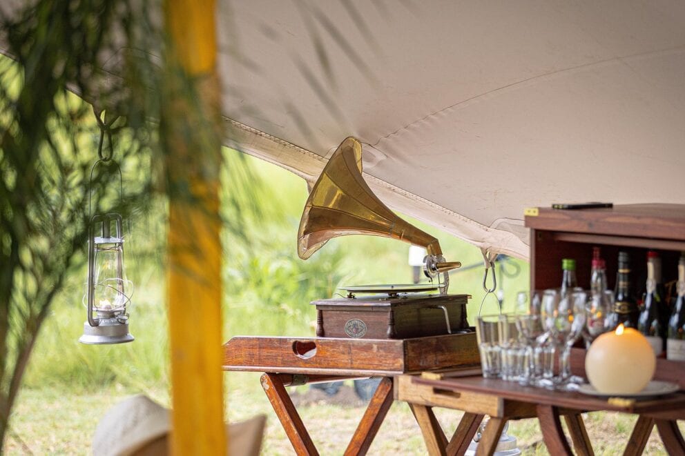 Gramaphone in tent | Photo credit: Feline Fields Vintage Camp