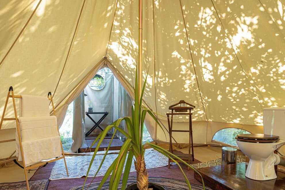Bathroom in tent | Photo credit: Feline Fields Vintage Camp