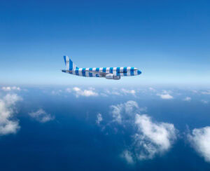 Blue and white striped airplane in the sku. 