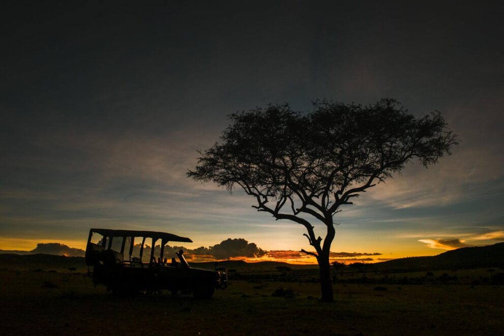 A safari vehicle parked under a starry sky overlooking the dark of the Serengeti plains at TAASA Lodge.