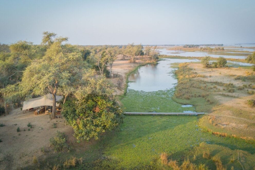 Aerial view of Chula Island Camp, Zambia.