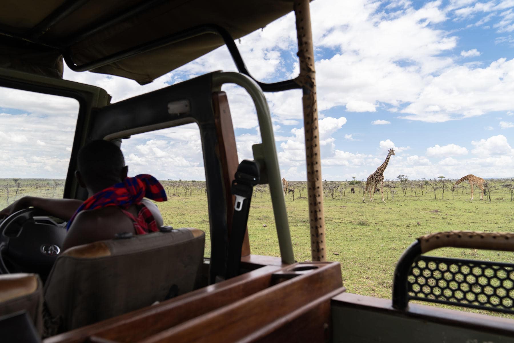 View of a giraffe from a game drive vehicle | Photo credit: Basecamp Adventure