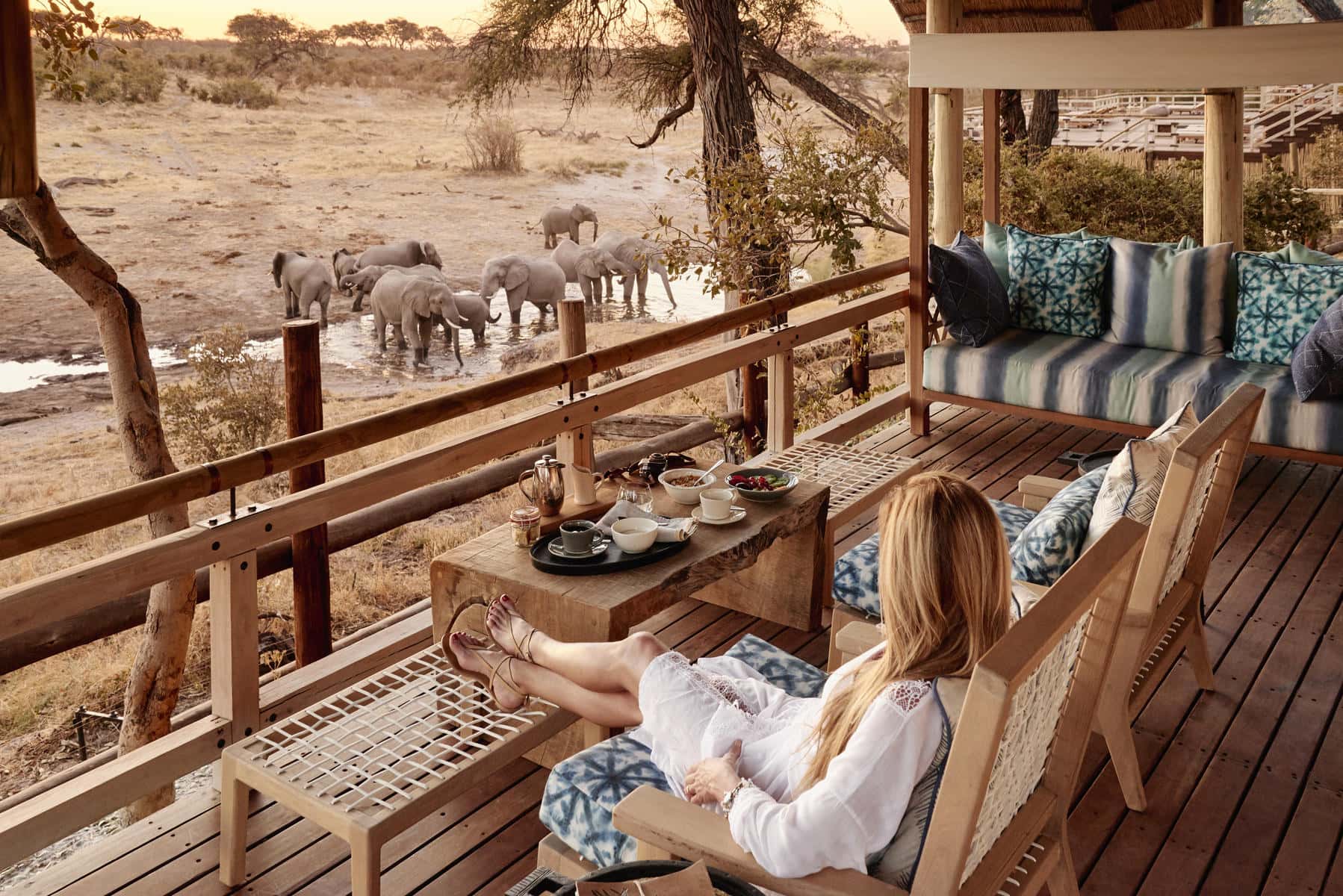 A guest relaxing in a comfy chair on an elevated wooden deck observing a herd of elephants at the waterhole at Savute Elephant Lodge, Botswana.