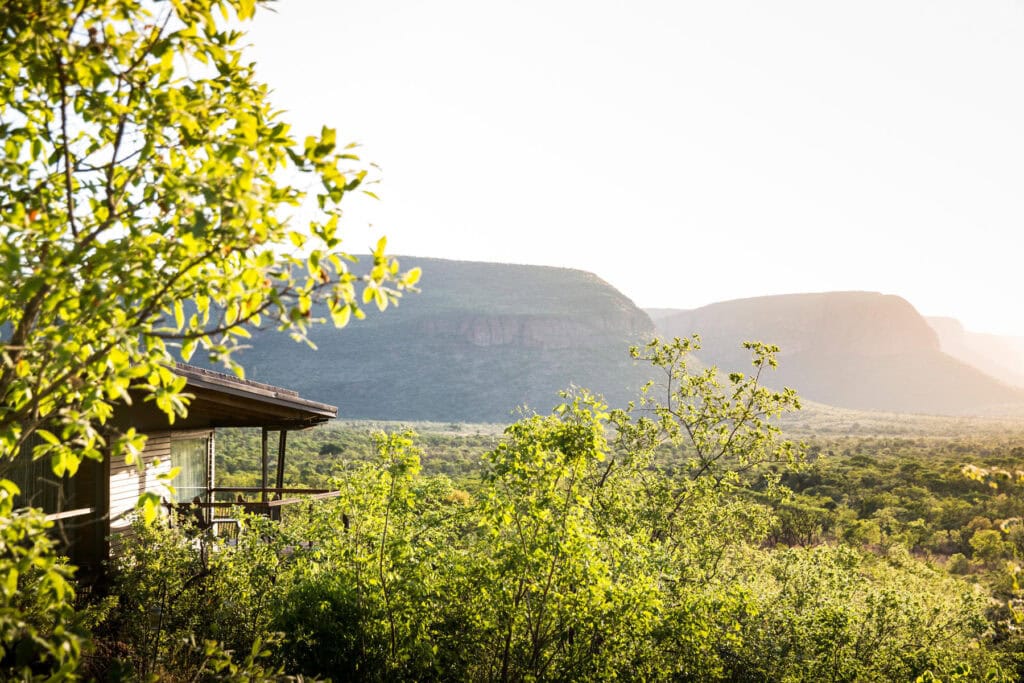 View of the Waterberg Mountains from a luxury suite at Marataba Mountain Lodge in Marakele National Park, South Africa.