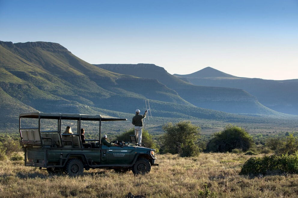 Game tracking on a game drive in safari vehicle at Samara Private Game Reserve