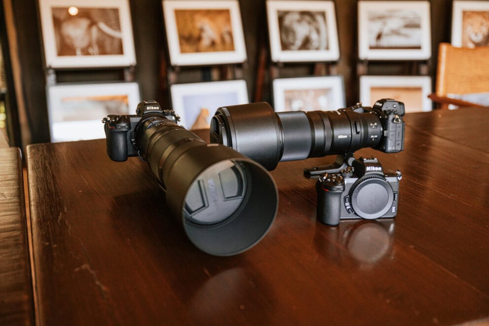 Photography equipment on a wooden table at the photography studio at Soroi Luxury Migration Camp, Kenya.