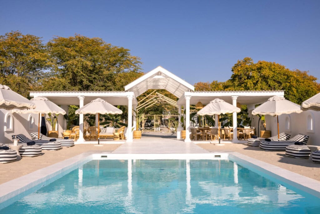 View of the pool and deck at Grays Eden Sanctuary, Botswana.