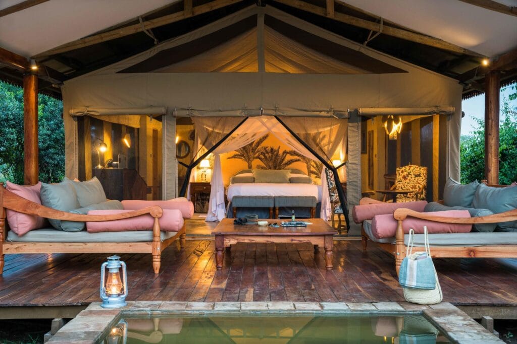 View of the bedroom inside the tent at The River Station, Uganda. Photo: The River Station