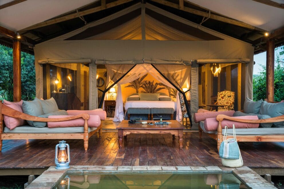 View of the bedroom inside the tent at The River Station, Uganda. Photo: The River Station
