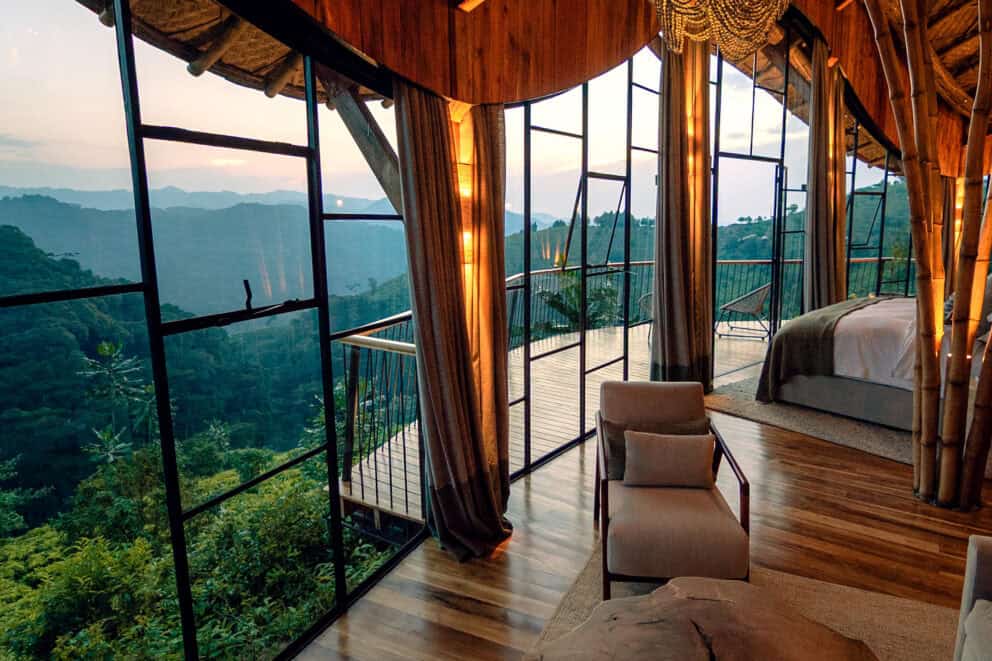 View over Bwindi Impenetrable Forest from the bedroom suite at Erebero Hills, Uganda.