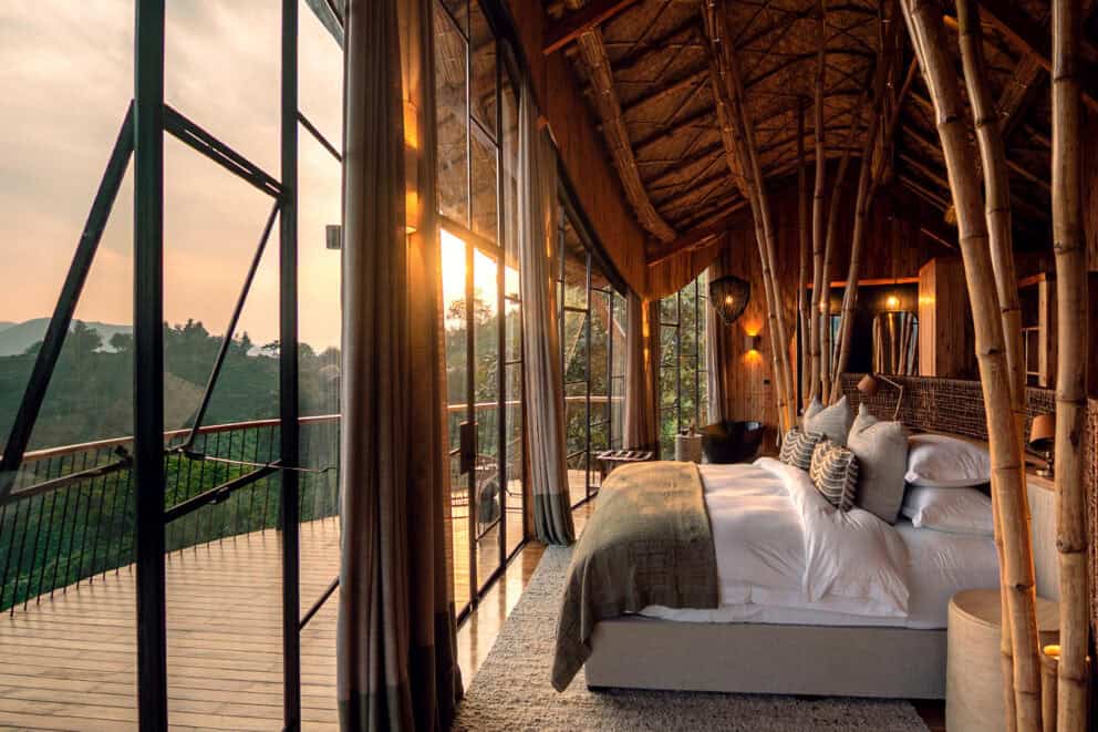 View of the bedroom suite overlooking Bwindi Impenetrable Forest at Erebero Hills, Uganda.