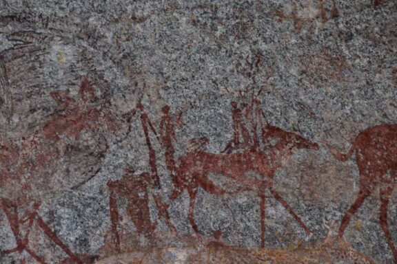 View of ancient san rock paintings depicting animals