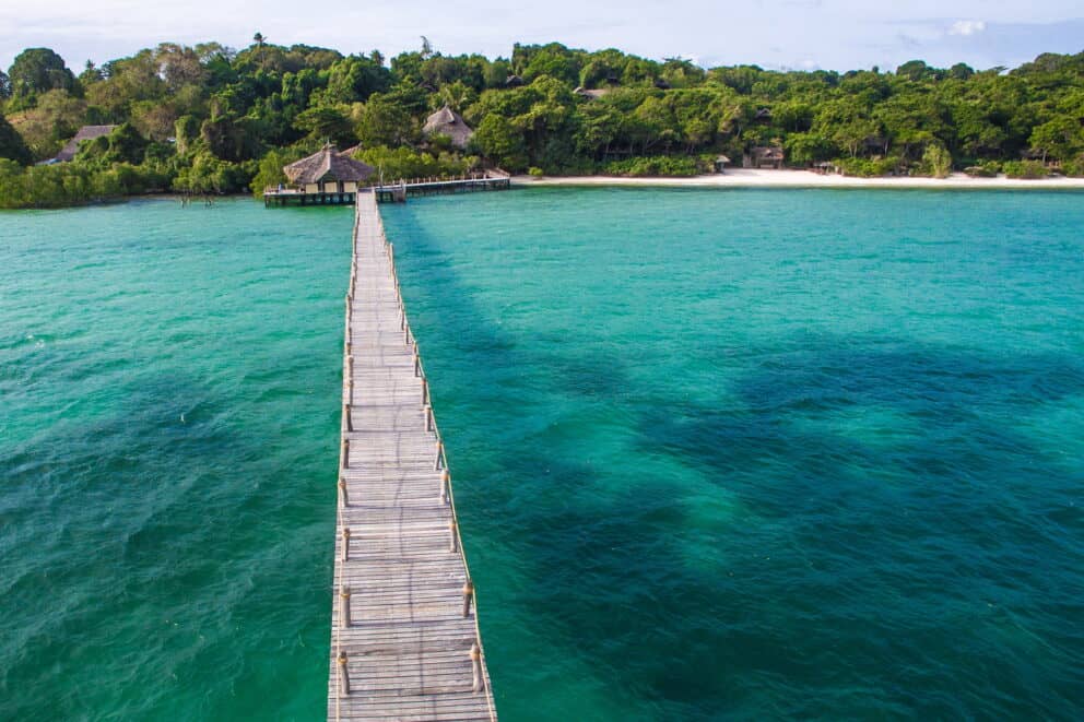 Aerial view of the jetty at Fundu Lagoon in Pemba Island, Tanzania.