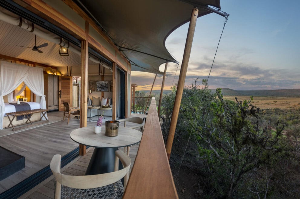 View of the bedroom suite and private deck overlooking the Shamwari Private Game reserve at Shamwari – Sindile, South Africa