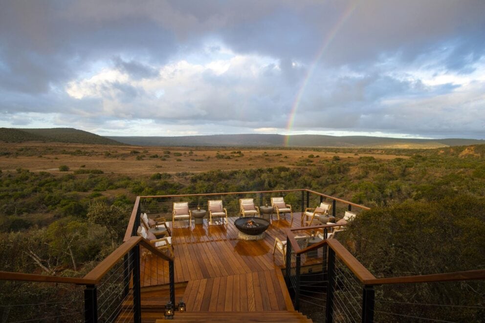 Aerial view of the boma on an elevated wooden deck overlooking Shamwari Private Game Reserve at Shamwari Sindile, South Africa.
