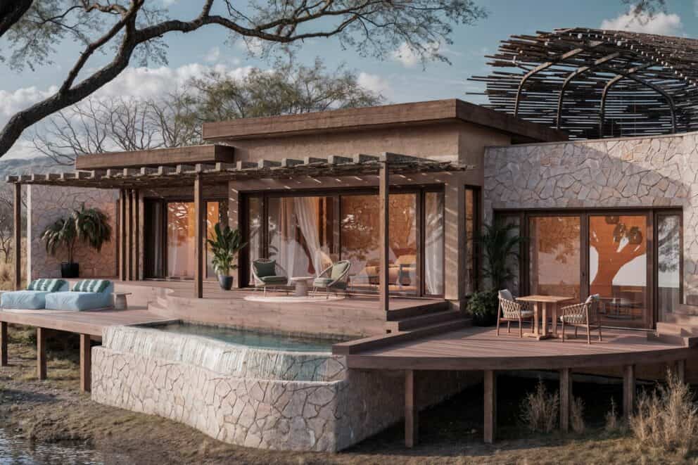 Exterior view of the luxury suite at Sandringham Shisaka Camp, South Africa.