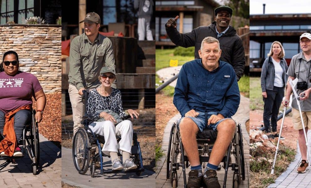 Collage of people in wheelchairs on safari at Ximuwu Lodge