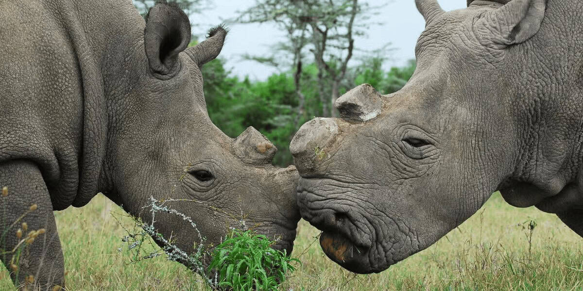 Two Last remaining Northern White Rhinos ouching noses in Kenya