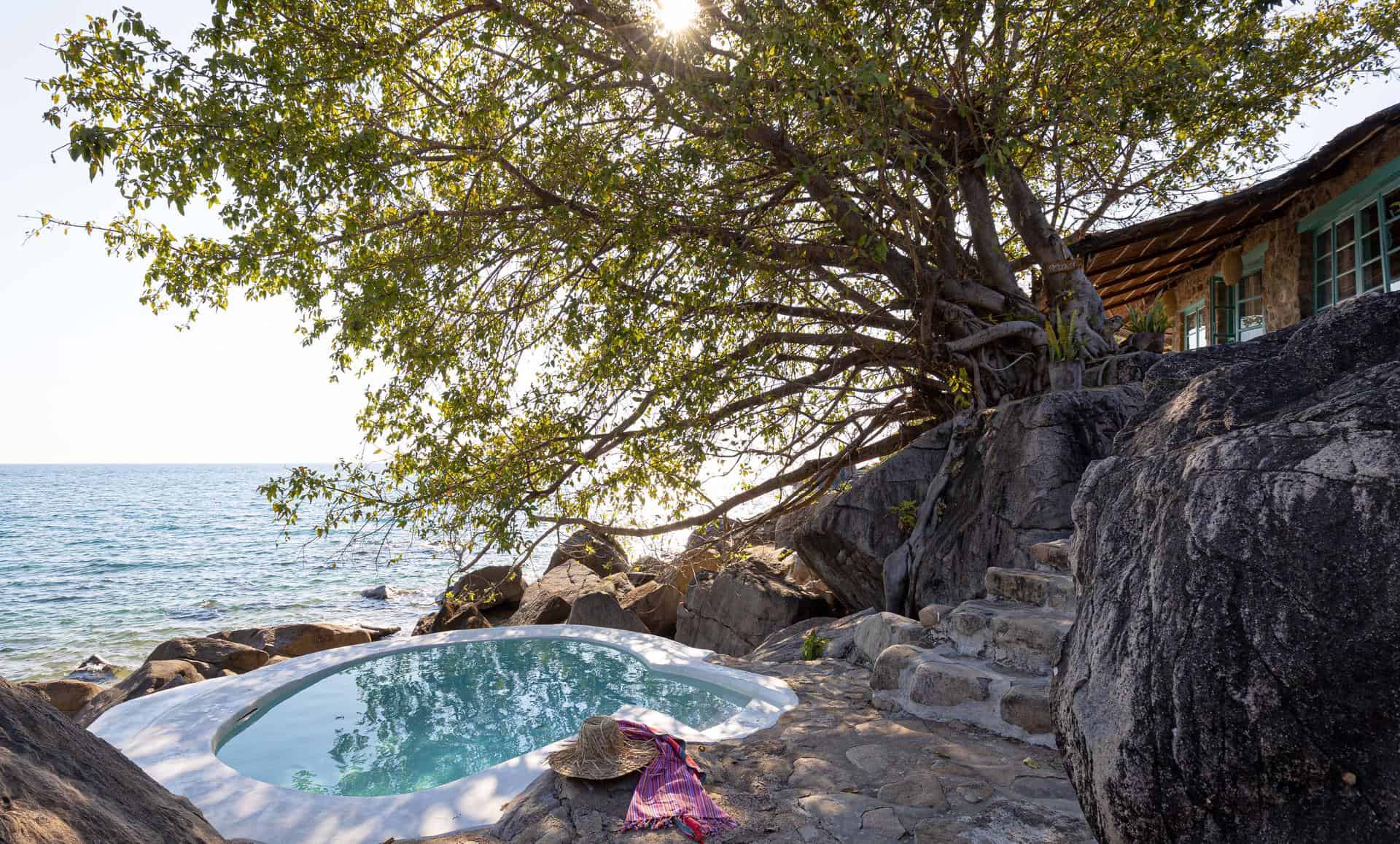 View of Lake Malawi from the pool at Kaya Mawa, Malawi