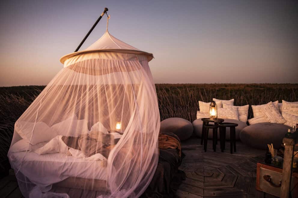 Segera Retreat star bed at sunset 