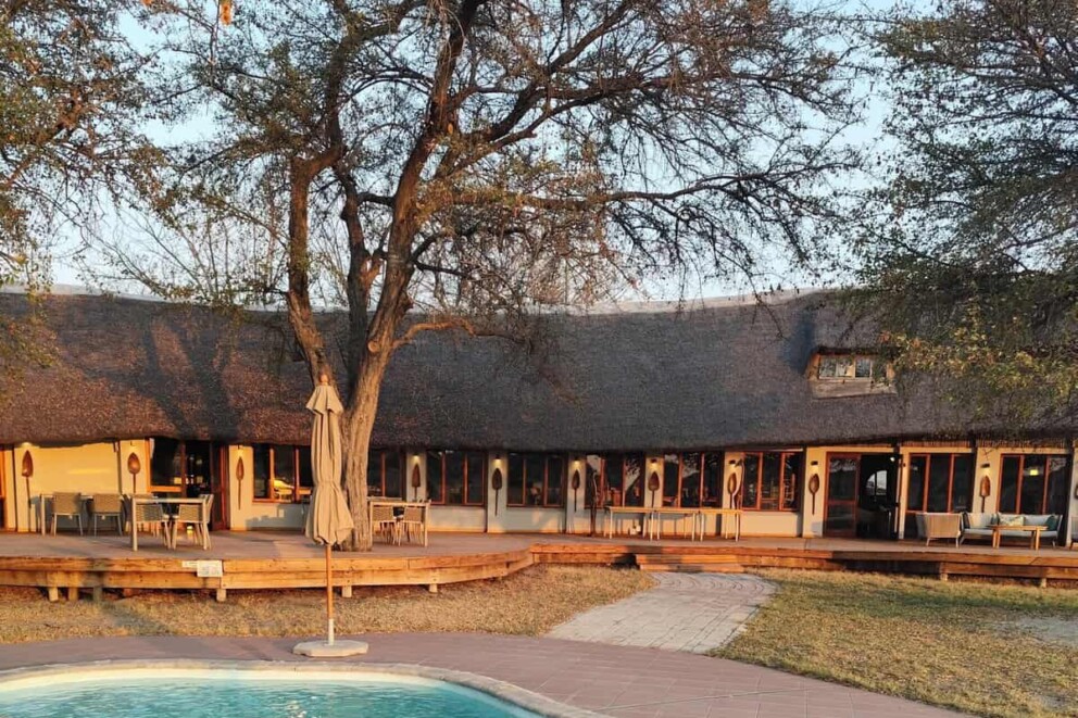 View of pool and lodge and Leroo La Tau. Adelle's first stop on her Desert and Delta camps tour