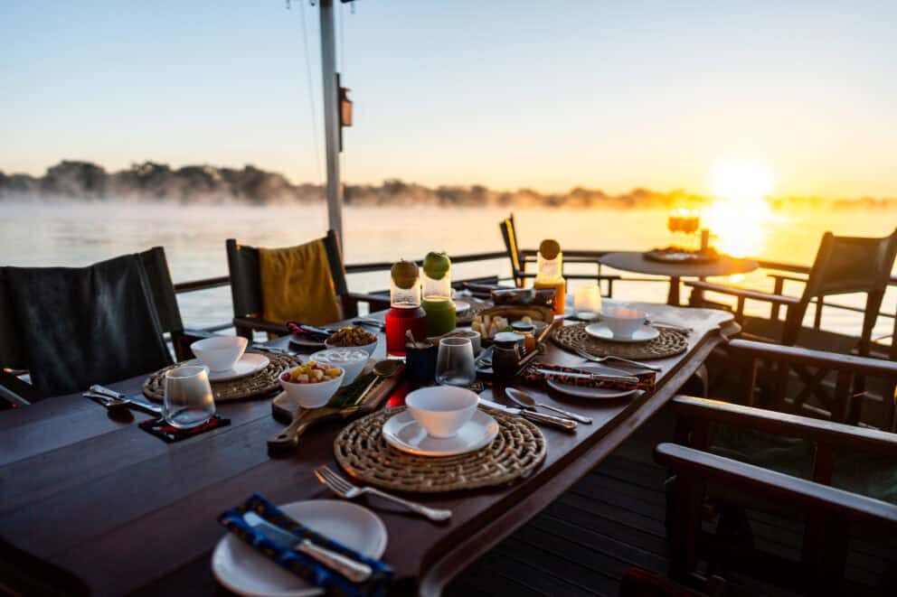 Breakfast on the Zambezi River at Mukwa River Lodge Zambia